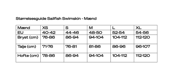 Sailfish Rebel Pro 3 Swimskin - Mænd - Størrelsesguide